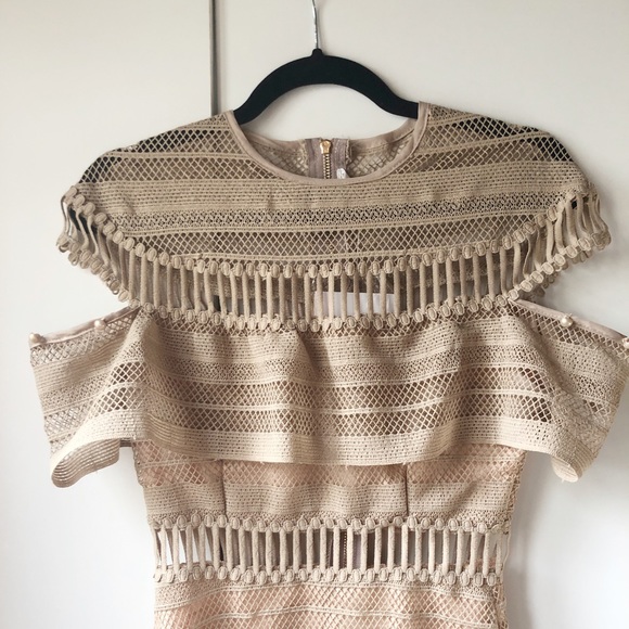 Lace Nude Midi Tier Short Sleeve Ruffle Cape Dress - Picture 4 of 7